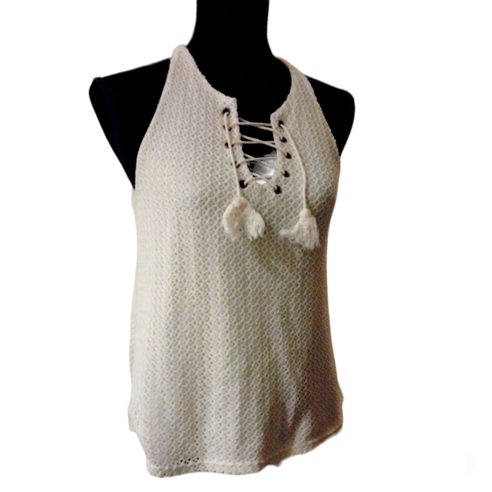 American Rag Cream White knit‎ Tank Top with tassel ties